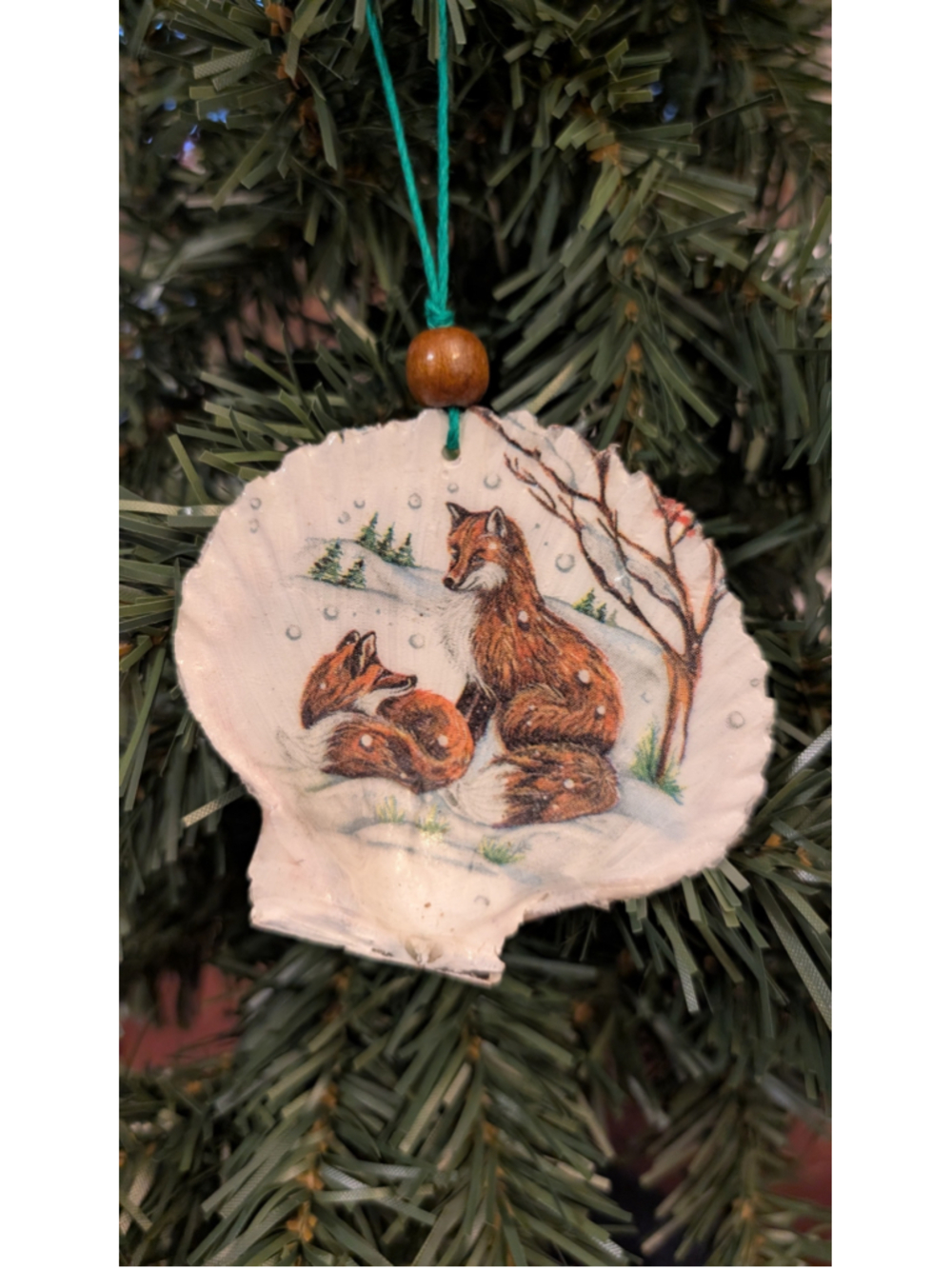 Handmade Christmas Ornament Scallop Shell Decoupage Fox Winter Great Gift Idea